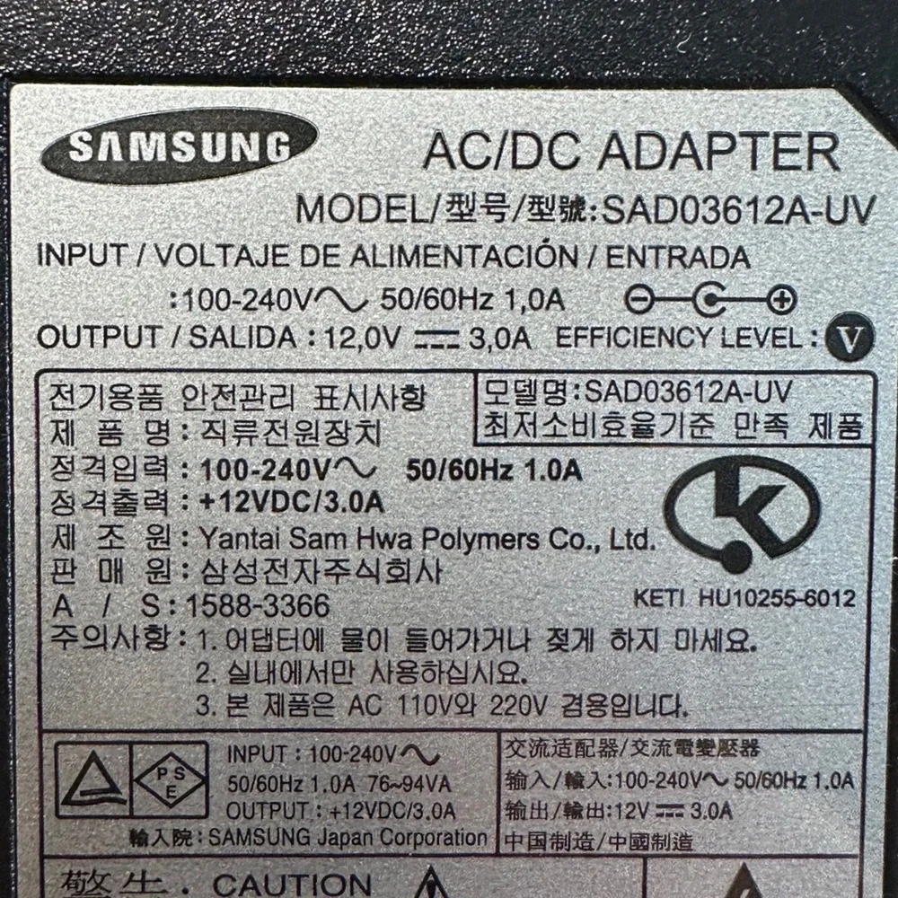 Samsung AC DC Adapter SAD03612A-UV 12V‎ 3A Power Supply Tested OEM
